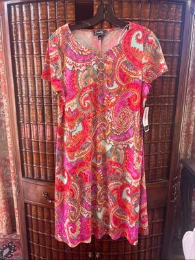 Paisley Ring-Detail Short Sleeve Top - Pink Multi NWT